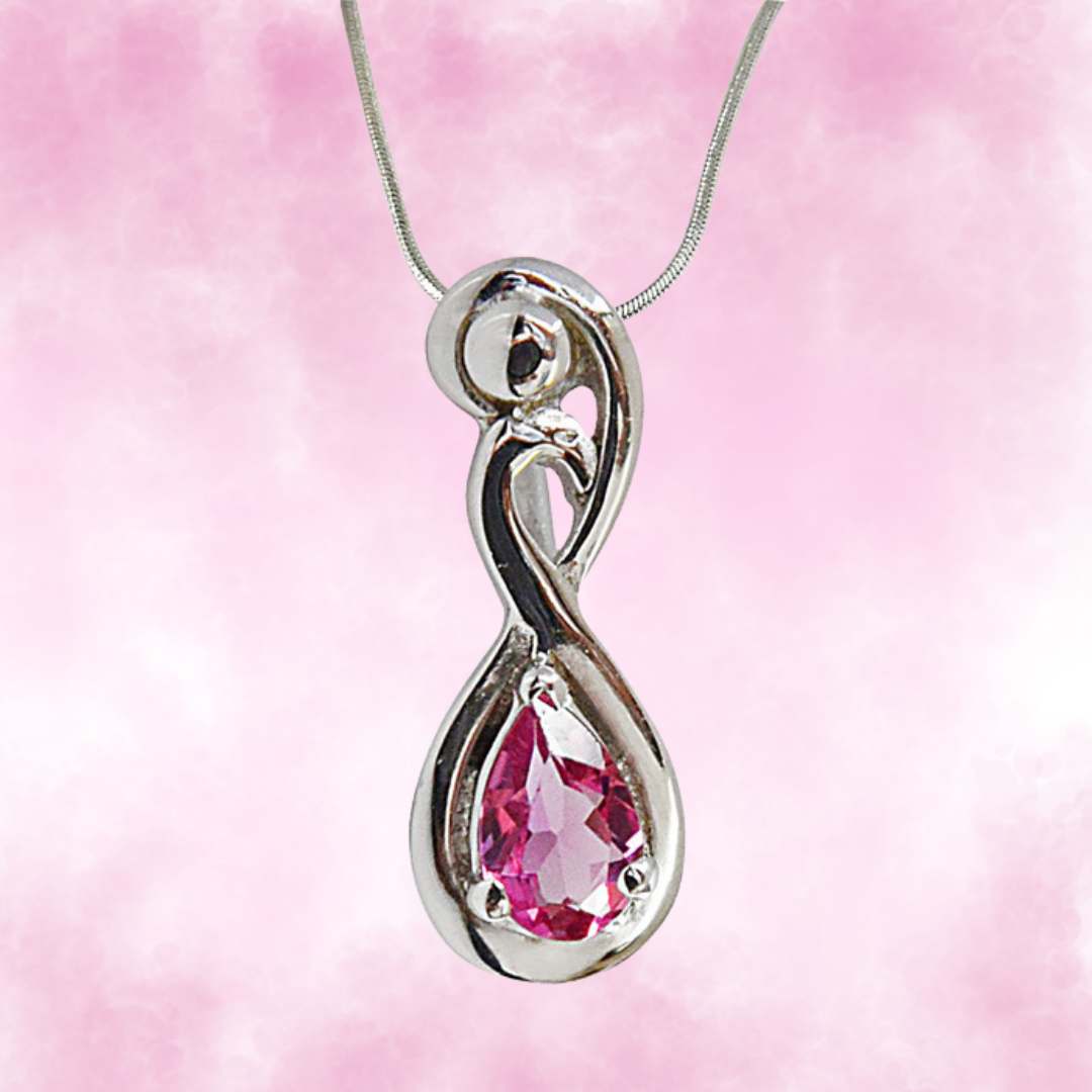 Trendy Curved Pear Pink Tourmaline & 925 Sterling Silver Pendant with 18 IN Chain (SDP491)