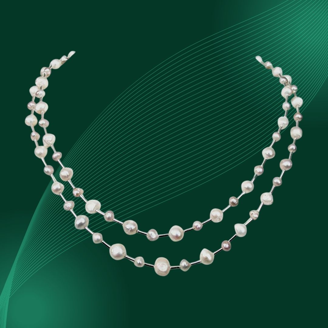 Resplendence - Two Line Real Freshwater Pearl & Silver Plated Pipe Necklace for Women (SN162)