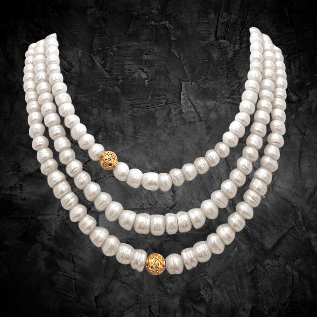 Pearl n Pretty - 3 Line Real Freshwater Pearl & Gold Plated Ball Necklace for Women (SN244)