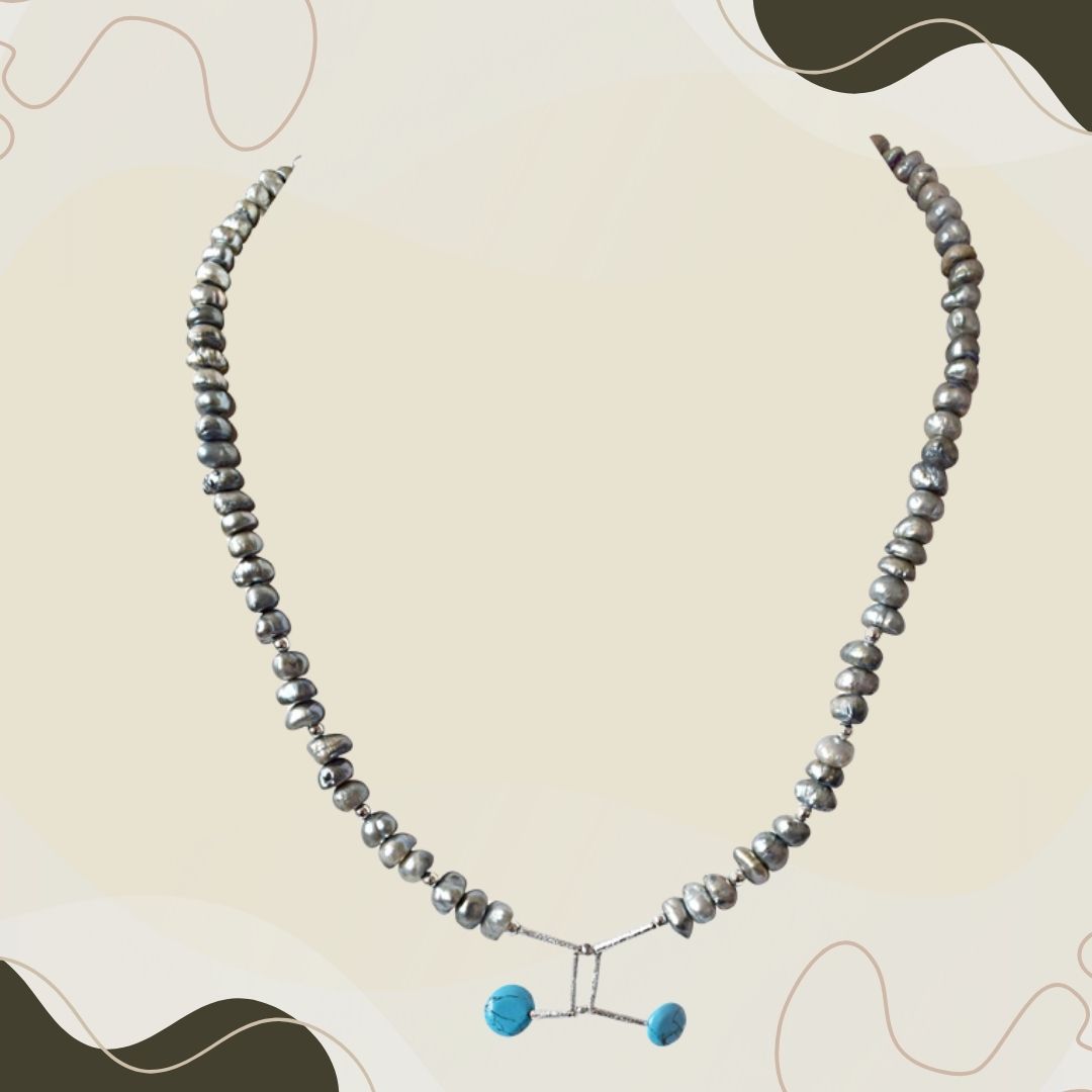 Grey Coloured Pearl, Turquoise Disc and Silver Plated Pipe and Beads Necklace for Women (SN324)