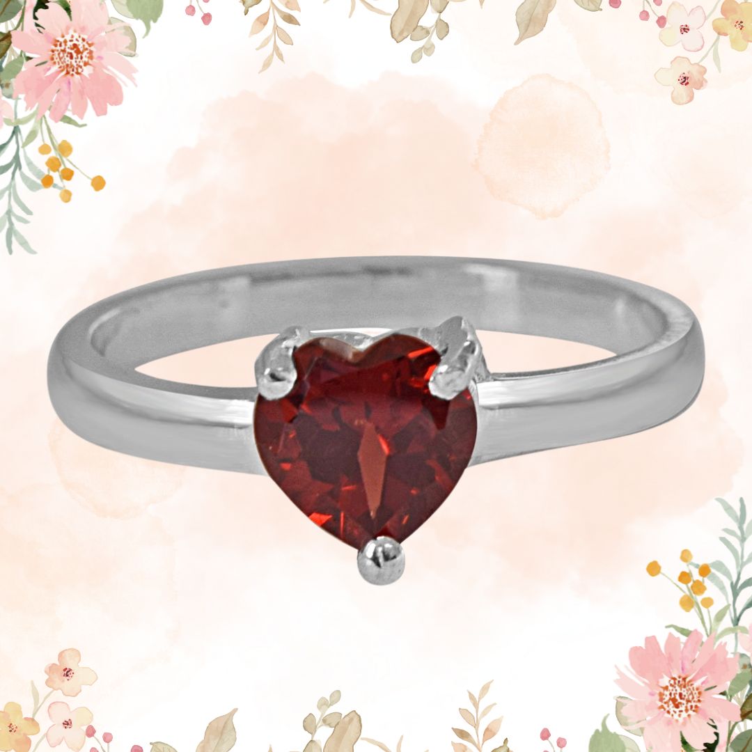 Discover Elegance: 1.00 cts Heart Red Solitaire Garnet 925 Silver Ring (GSR55)