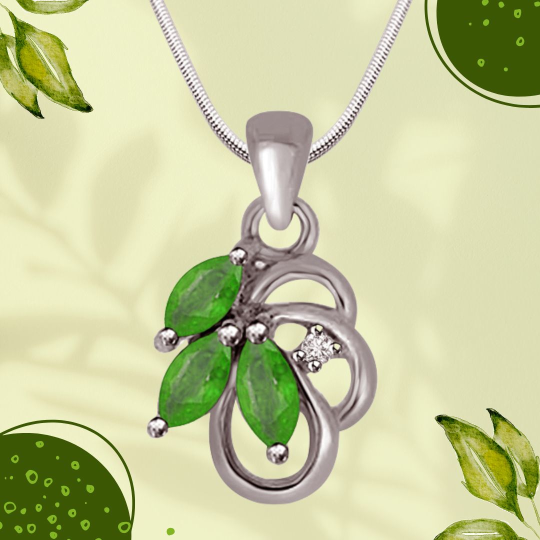 Greeno Mania Twist - Real Diamond, Green Emerald & Sterling Silver Pendant with 18 IN Chain (SDP242)