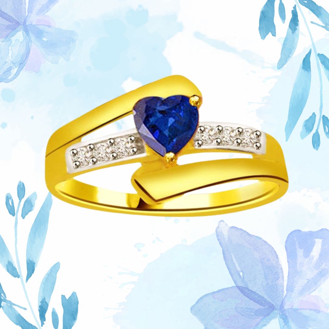 Aqua Marine Heart 0.18cts Diamond & Heart Sapphire Gold Ring (SDR1207)