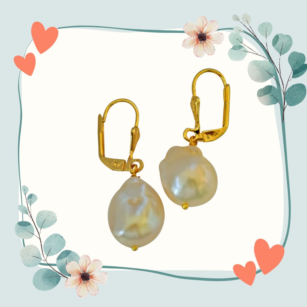 Unique Shaped Real Natural Peach Coloured Baroque Pearl & Gold Plated Hanging Earring (SE233-42)