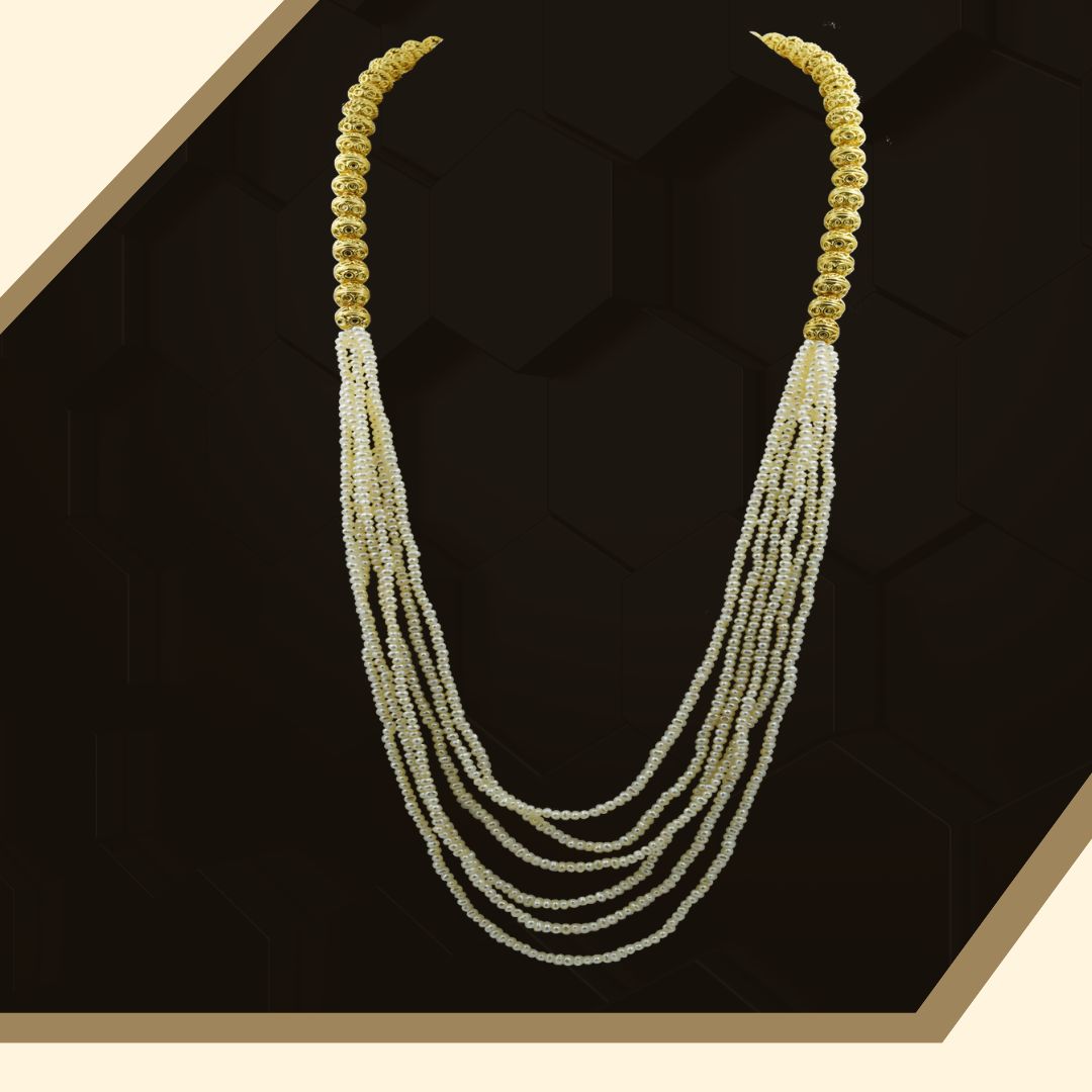 6 Line Real Freshwater Pearl Long Necklace with Gold Plated Balls for Women (SN1048)