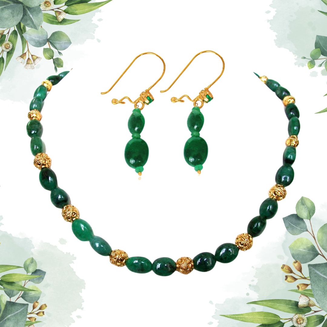 Genuine Oval Shaped Green Emerald Necklace & Earring Jewellery Set for Women (SN185SE100)