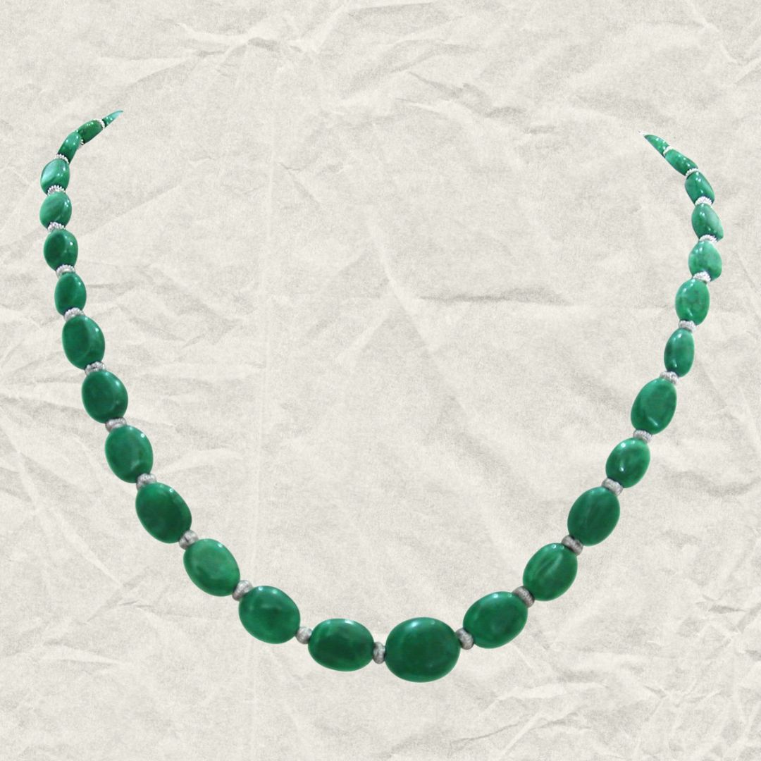 Single Line Real Green Oval Emerald & Silver Plated Beads Necklace (SN262)