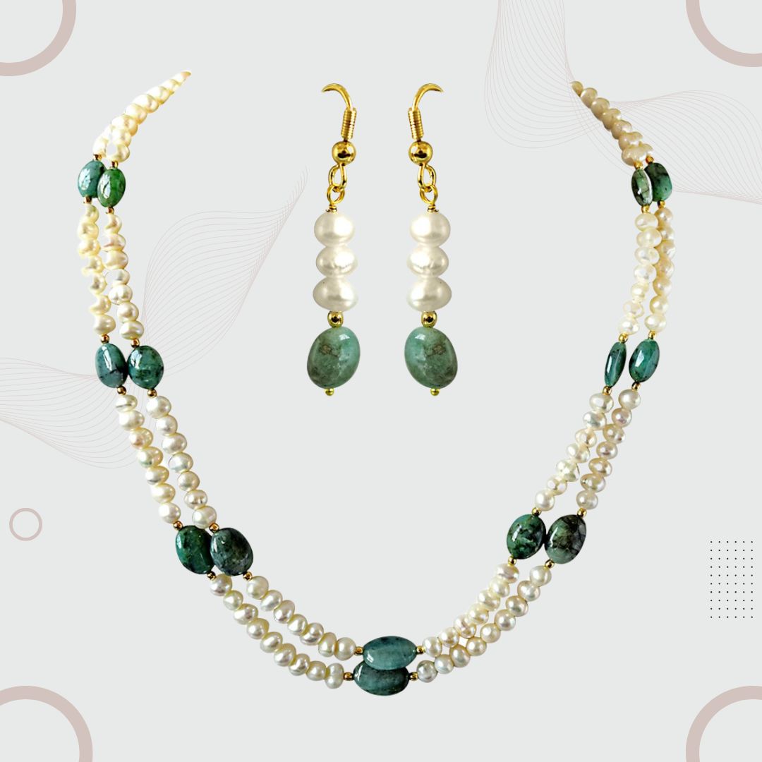 Real Oval Green Emerald & Freshwater Pearl 2 Line Necklace & Hanging Earring Set for Women (SN682)