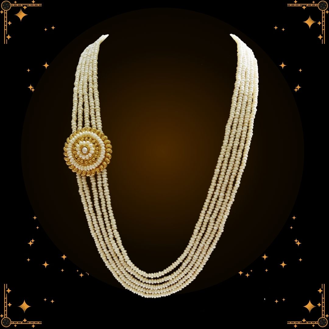 5 Line Real Freshwater Pearl Gold Plated Pendant Maharani Necklace for Women (SN972)