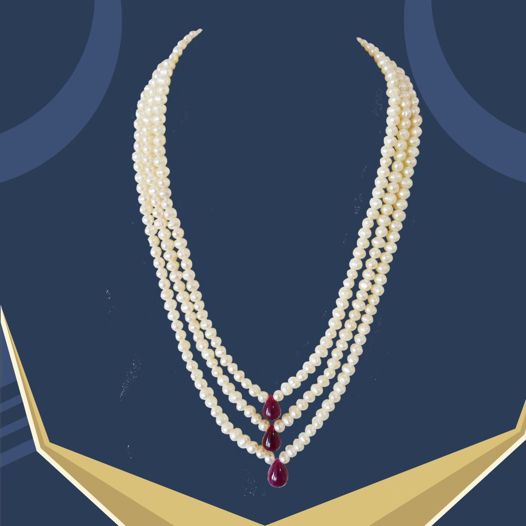 Traditional Rani Haar 3 Line Real Pearl & Drop Ruby Necklace | Mesmerizing Ruby Pearl Jewelry (SN989)