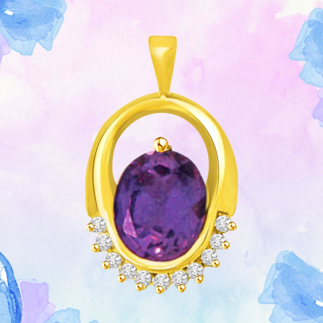 Real Oval Amethyst & Diamond Fire Gold Pendant for Her (P956)