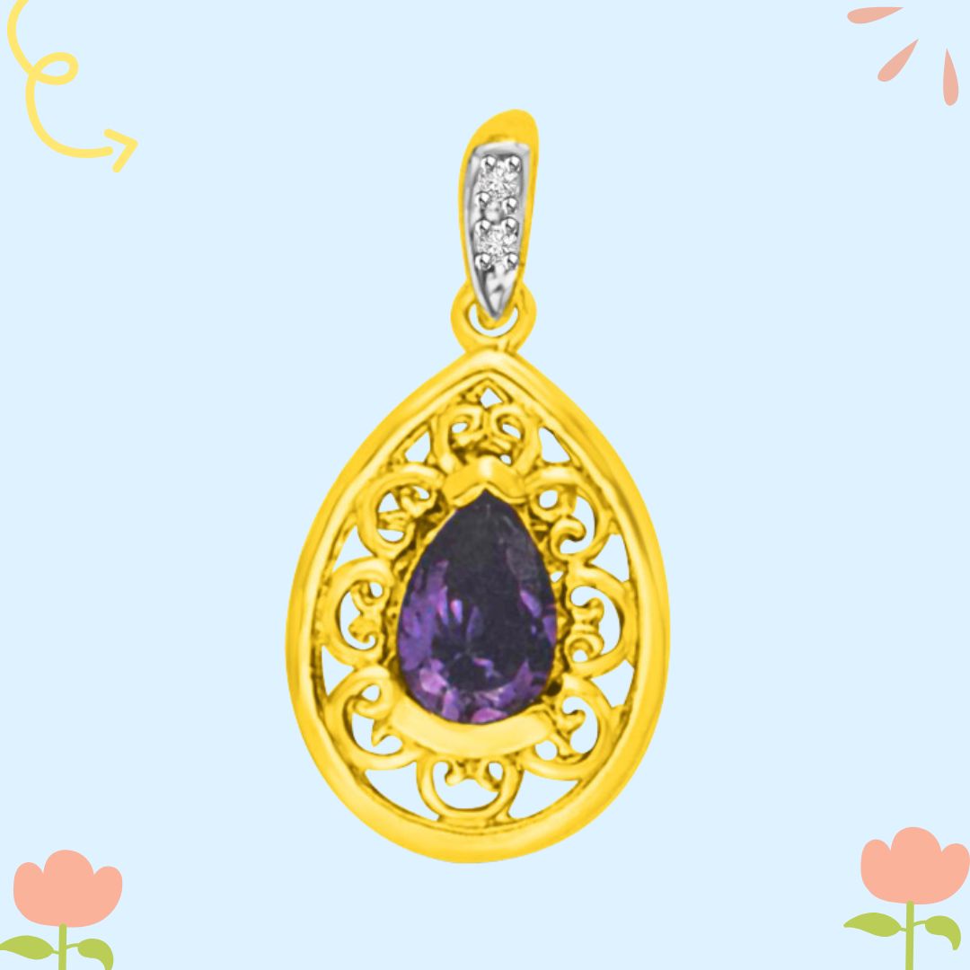 Real Pear Amethyst Filigree style Diamond Gold Pendant (P959)