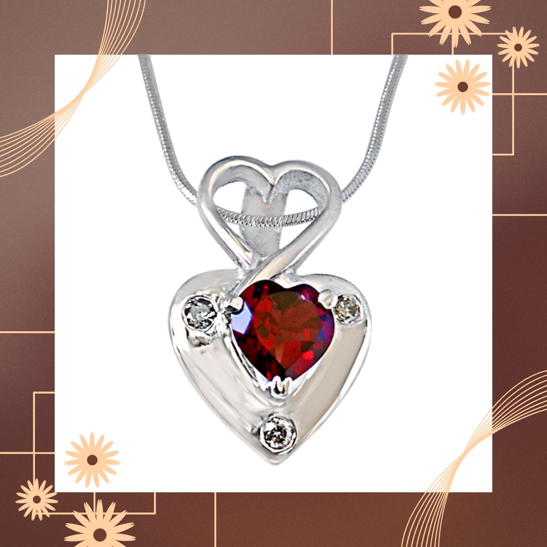 Real Diamond & Heart Shaped Red Garnet Pendant with 18 IN Chain (SDP264)