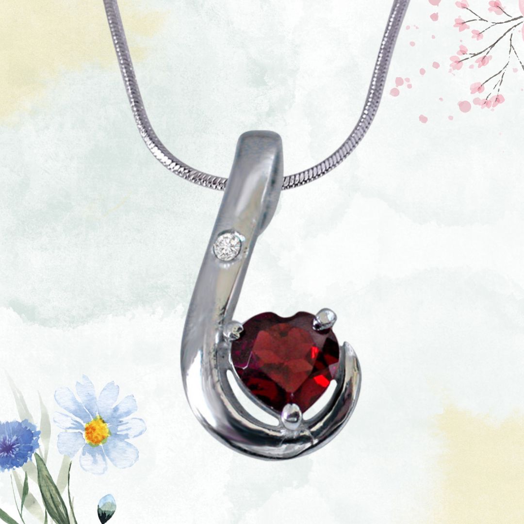 Lovy Dovy Heart Shape Garnet and Diamond 925 Silver Pendant with 18 IN Chain (SDP268)