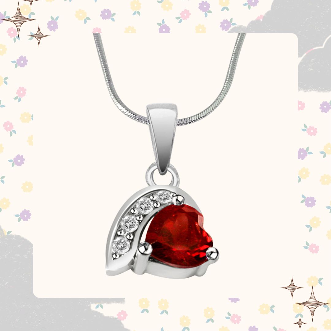 Heart Shaped Red Garnet & Real Diamond Silver Pendant with 18 IN Chain (SDP275)