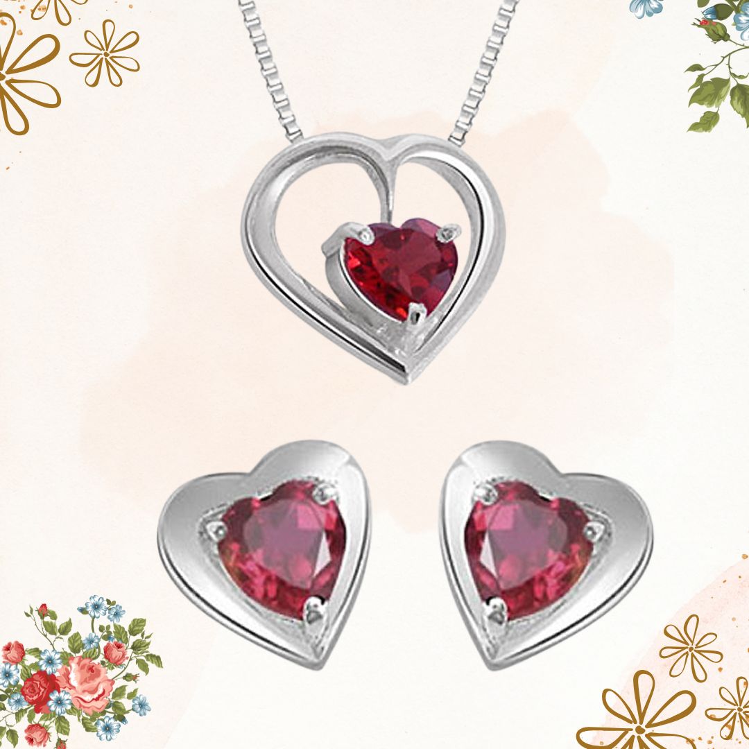 Heart Shape Red Garnet Pendant & Earring Set with Silver finished Chain for Girls (SDS115)