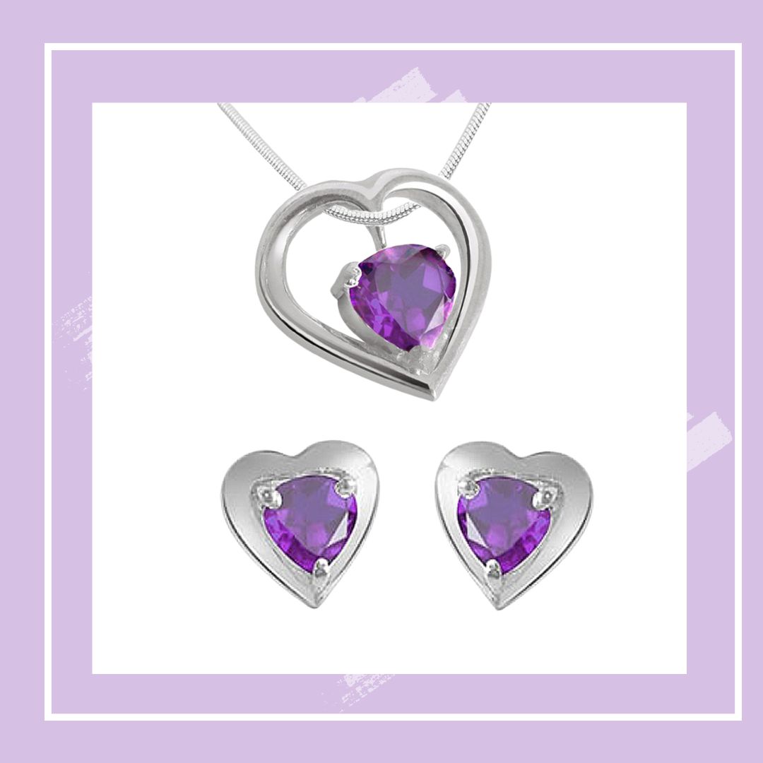 Heart Shape Purple Amethyst Pendant & Earring Set with Silver finished Chain for Women (SDS117)