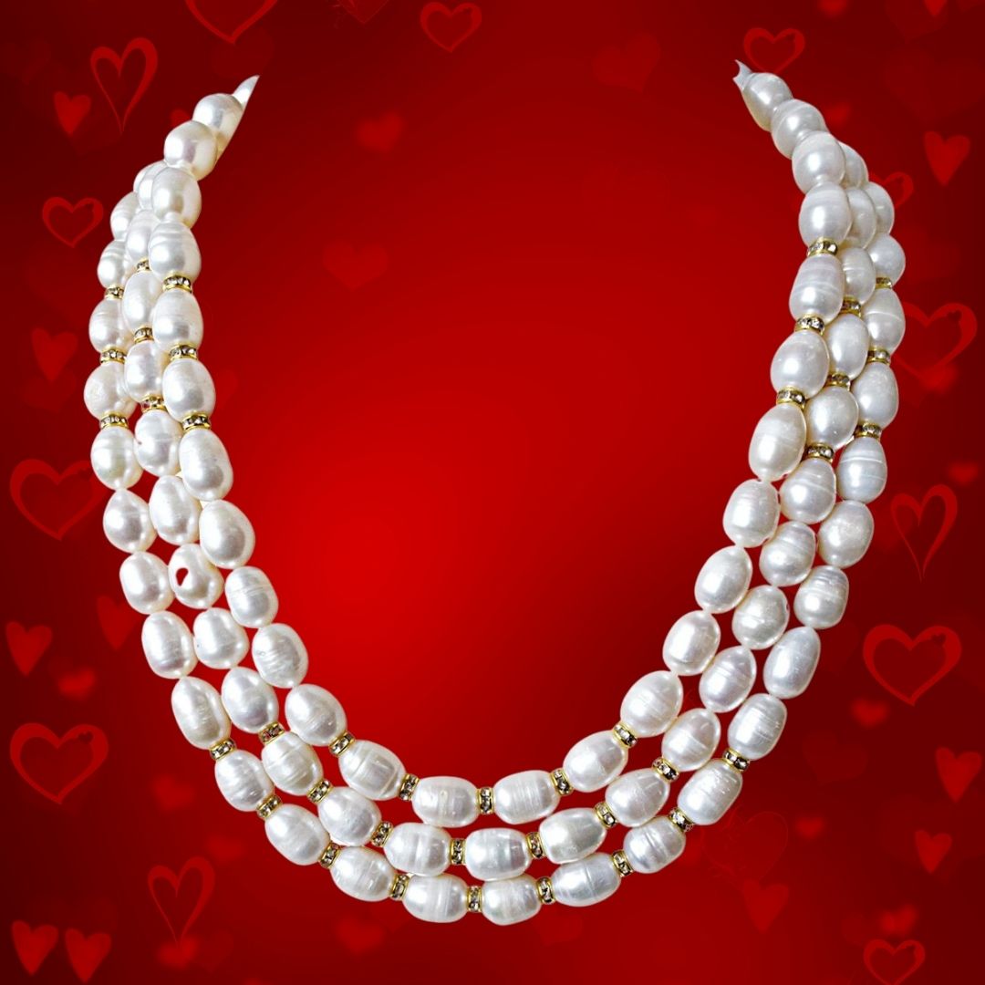 3 Line Heavy Looking Real Big Elongated Pearl and Stone Ring Necklace for Women (SN910)