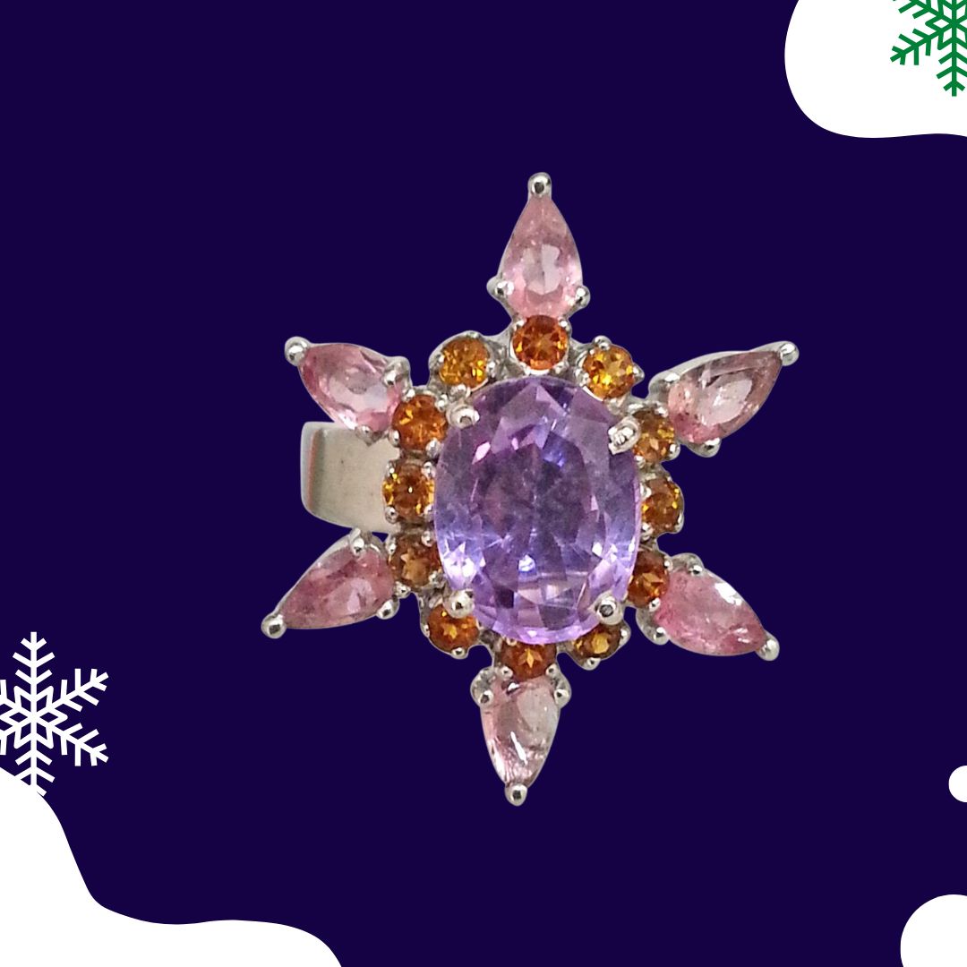 3.96 ct Big Amethyst & Pink Tourmaline Star Type Silver Ring (GSR16)