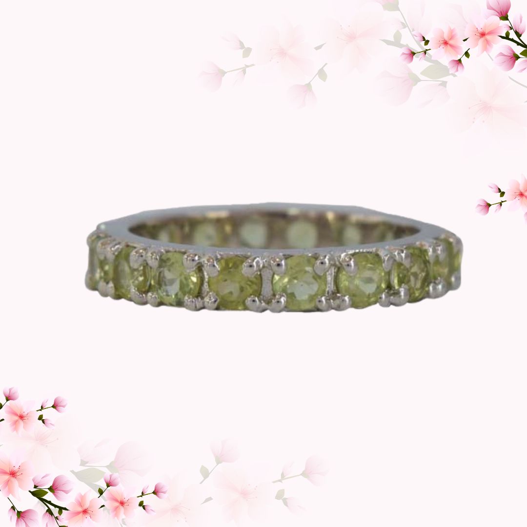 A Whisper of Nature: Round Green Peridot Full Eternity 925 Sterling Silver Ring (GSR82)