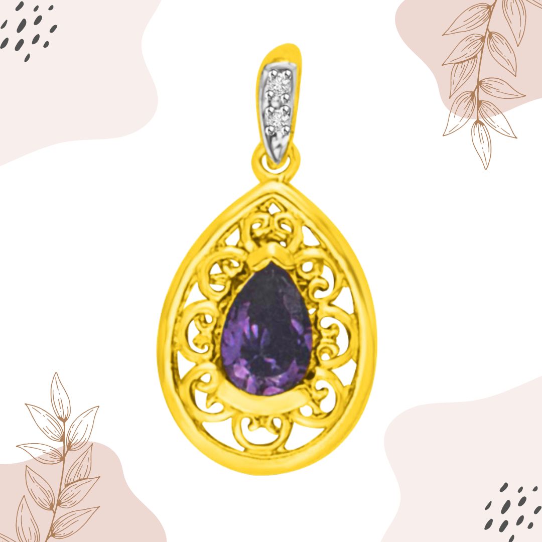 Real Pear Amethyst Filigree style Diamond Gold Pendant (P959)