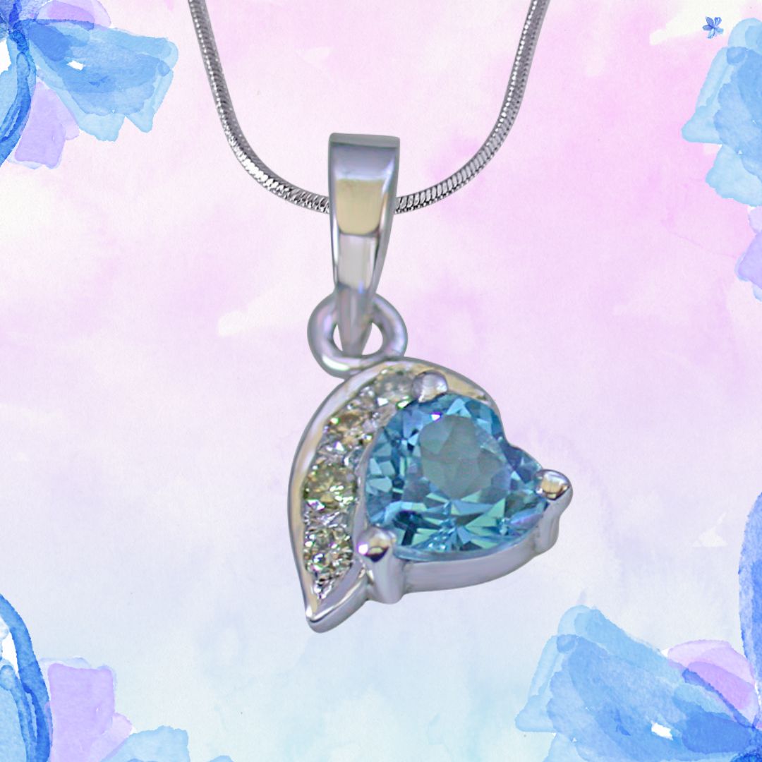 Heart Shaped Swiss Blue Topaz & 4 Big Real Diamond 925 Silver Pendant with 18 IN Chain (SDP251)