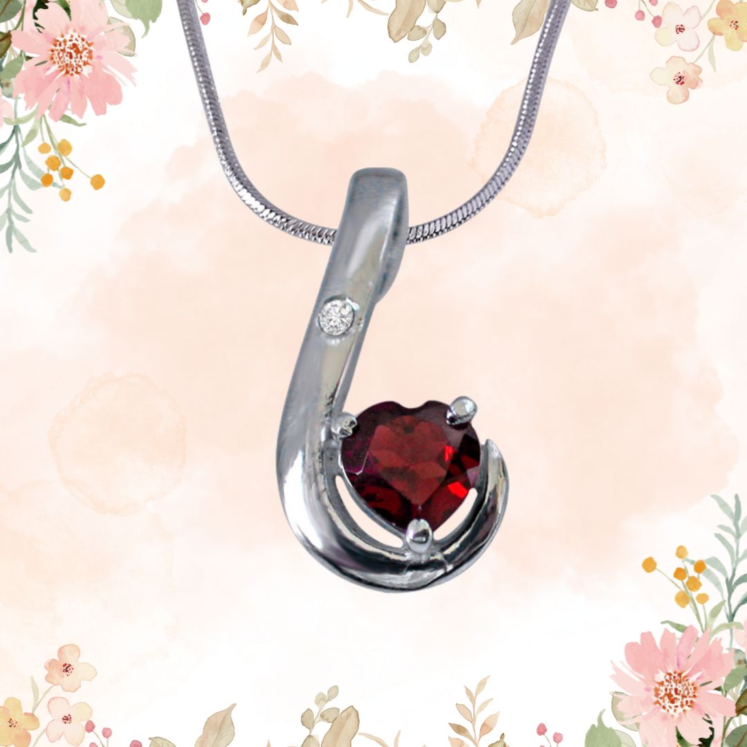 Lovy Dovy Heart Shape Garnet and Diamond 925 Silver Pendant with 18 IN Chain (SDP268)