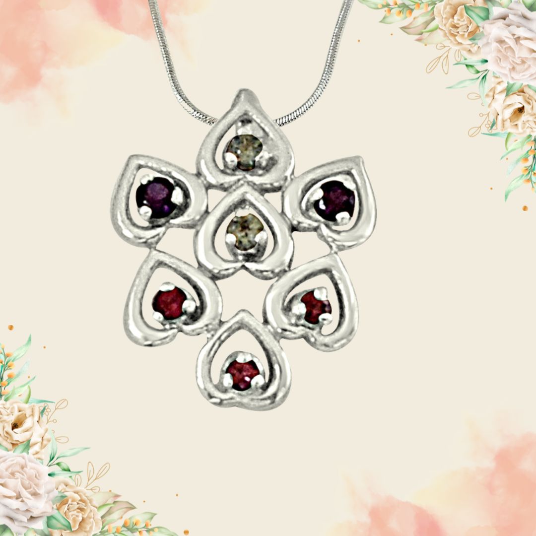 Sweet Hearts Blue Topaz, Purple Amethyst, Pink Rhodolite and 925 Sterling Silver Pendant with 18 IN Chain (SDP445)