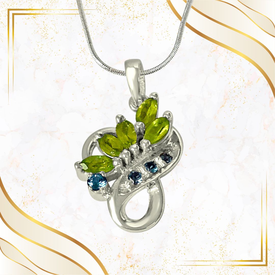 Floral Shaped Green Peridot Blue Topaz & 925 Sterling Silver Pendant with 18 IN Chain (SDP469)