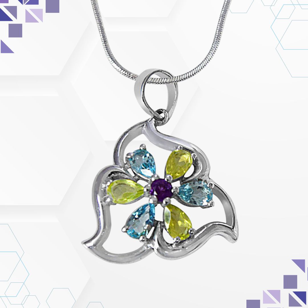 Flower Shaped Green Peridot, Blue Topaz & Purple Amethyst in 925 Sterling Silver Pendant with 18 IN Chain (SDP496)