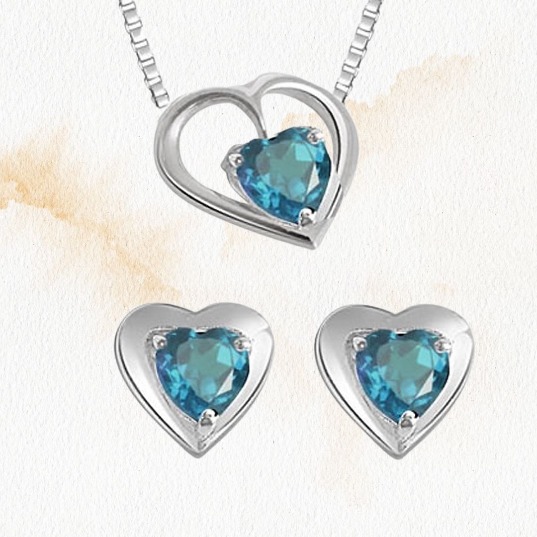 Heart Shape Blue Topaz Pendant & Earring Set with Silver finished Chain for Girls (SDS116)