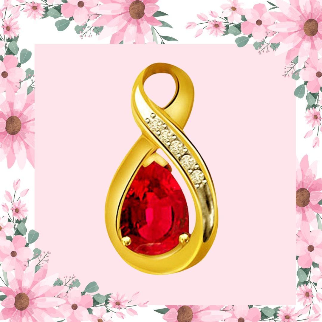 Ruby Touch Love Drop - 0.10cts Real Diamond & Red Ruby Gold Pendant (P532)