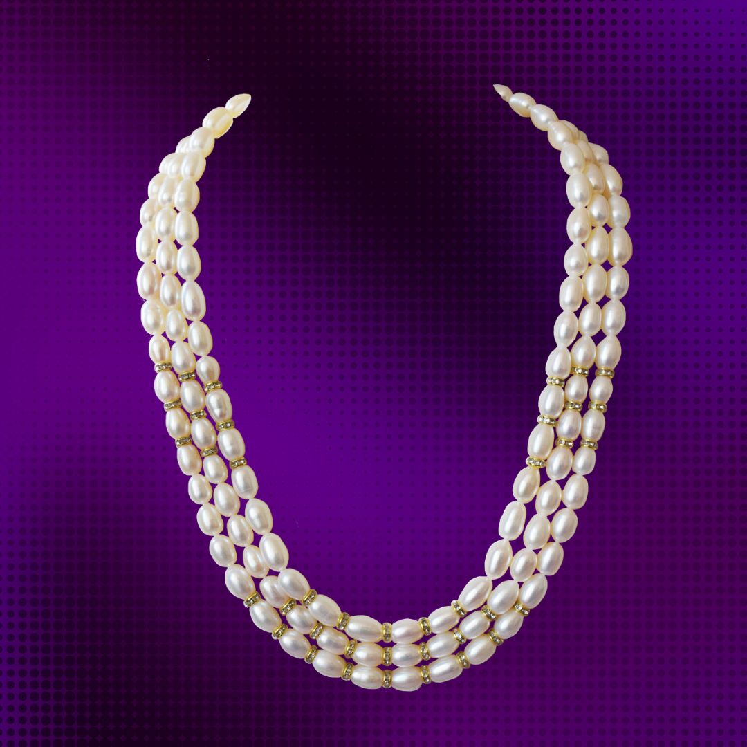 Majestic Cascade: Triple Layer Elongated Pearl and Stone Ring Necklace (SN1032)