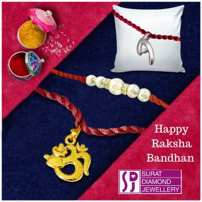 Make This Raksha Bandhan Unforgettable with Our Exquisite Rakhi Combinations!

This Raksha Bandhan, celebrate the eternal bond with a Rakhi as unique as your relationship. Our collection of six exquisite Rakhi combinations is crafted with deep meaning and unparalleled artistry.

- Eternal Purity Diamond & Gold Rakhi: A symbol of divine connection and timeless elegance.
- Divine Om Silver Rakhi: Embrace the eternal bond with wisdom and strength.
- Radiant Joy Diamond Rakhi: Illuminate your bond with joy and brilliance.
- Eternal Bond Blue Topaz Rakhi: Celebrate unbreakable trust and loyalty.
- Eternal Harmony Flower Rakhi Trio: Express your unique sibling relationship with elegance.
- Celestial Love Rakhi Set: Experience a heavenly connection with celestial beauty.

Transform these Rakhis into stunning pendants or bracelets, lasting keepsakes of your love and blessings. Order now to make this Raksha Bandhan a heartfelt celebration of love, protection, and blessings.

Click on : https://www.suratdiamond.com/rakhi.aspx